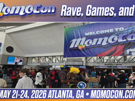 Promo for MomoCon 2026 in Atlanta with name and date and photo from last year's convention.