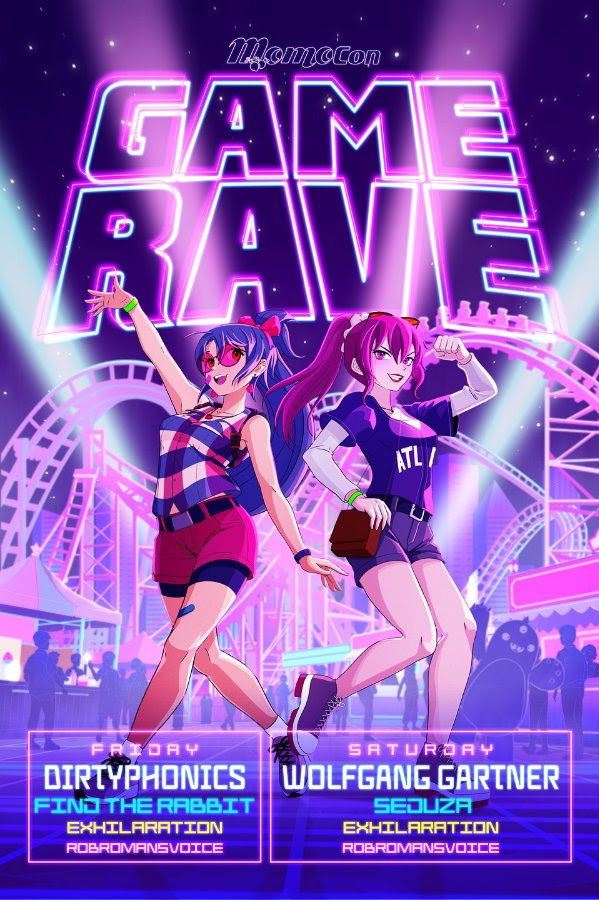Poster advertising a two-nigh game rave at MomoCon 2026 in Atlanta.