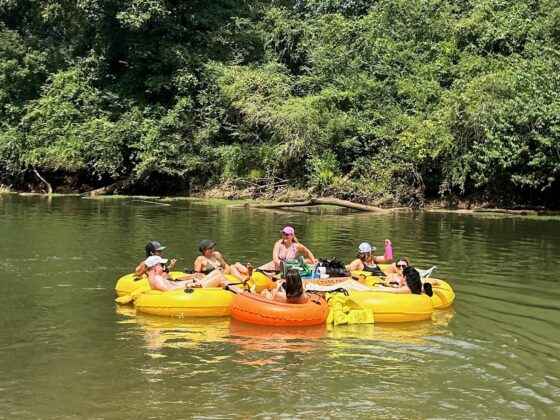 A group of people on yellow and orange tubes floating down the calm Chattahoochee River. The sun is shining and there's a forest of trees behind them.