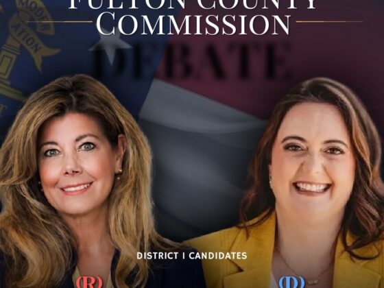 A debate flyer for the Fulton County Commission position with Bridget Thorne (R) and Maggie Goldman (D) in fall 2026.