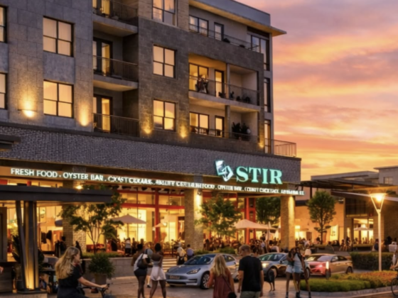 Rendering of Medley at Johns Creek with a restaurant and apartments plus people walking. The sun is setting.