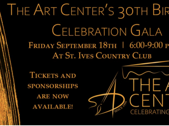 Image promoting The Art Center of Johns Creek's 30th anniversary gala. It's their logo and gold text on a black background.