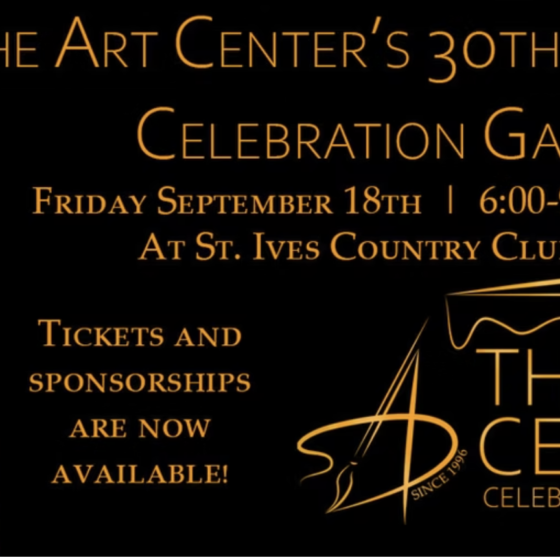 Image promoting The Art Center of Johns Creek's 30th anniversary gala. It's their logo and gold text on a black background.
